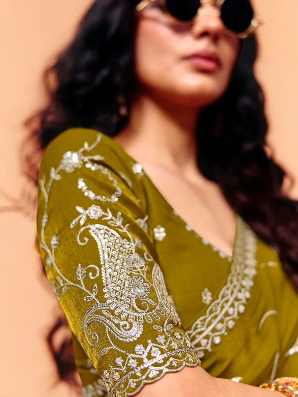 Olive Green Satin Silk Designer Saree