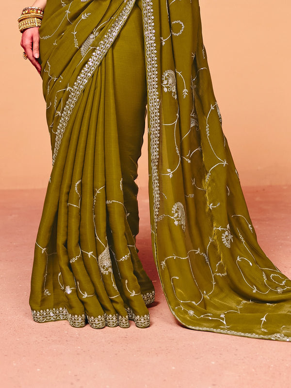 Olive Green Satin Silk Designer Saree