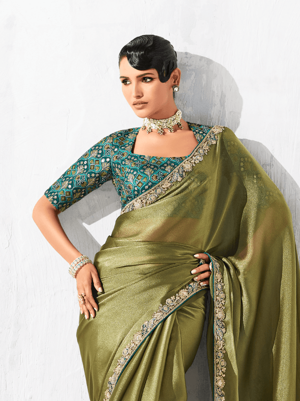 Olive Green Tissue Silk Saree