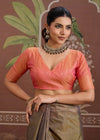 Olive Green Tussar Silk Saree with Peach Contrast Blouse