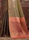 Olive Green Tussar Silk Saree with Peach Contrast Blouse