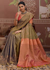 Olive Green Tussar Silk Saree with Peach Contrast Blouse