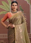 Olive Green Tussar Silk Saree with Peach Contrast Blouse