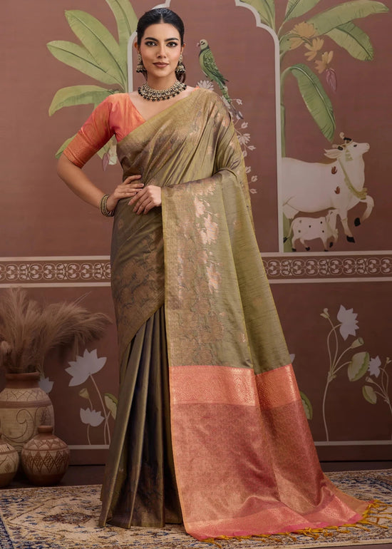 Olive Green Tussar Silk Saree with Peach Contrast Blouse