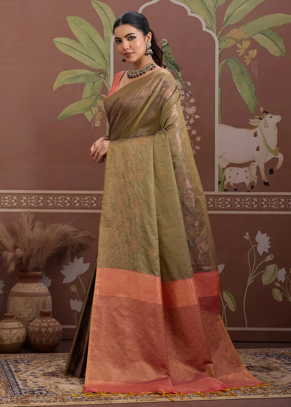 Olive Green Tussar Silk Saree with Peach Contrast Blouse