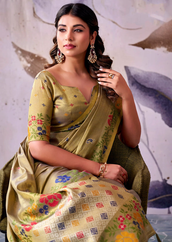 Olive Green Banarasi Tissue Silk Saree