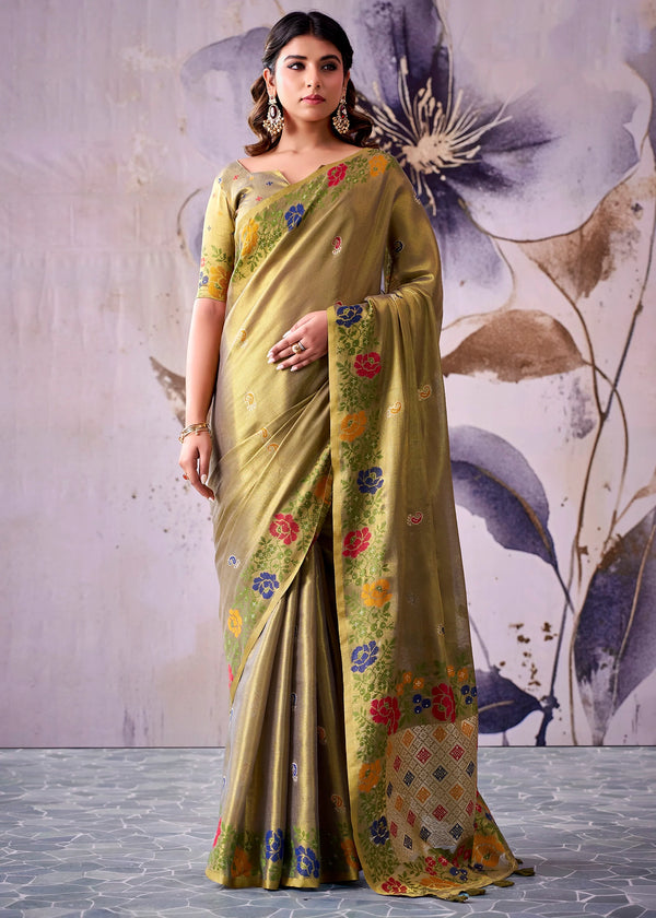 Olive Green Banarasi Tissue Silk Saree
