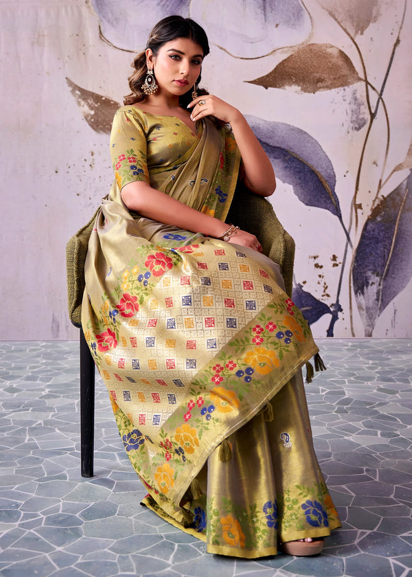 Olive Green Banarasi Tissue Silk Saree