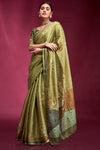 Olive Green Woven Tussar Silk Saree