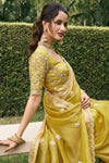 Olive Yellow Banarasi Tissue Silk Saree With Embroidery