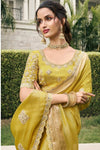 Olive Yellow Banarasi Tissue Silk Saree With Embroidery