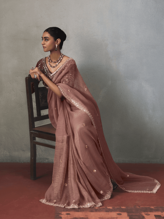 Onion Pink Designer Tissue Silk Saree With Contrast Blouse