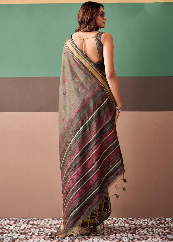 Taupe Grey Woven Designer Cotton Saree