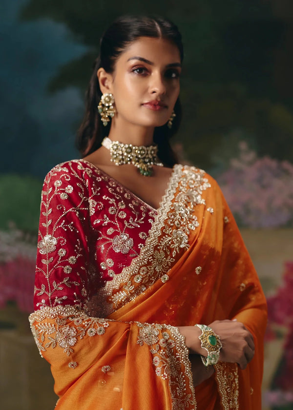 Orange Designer Silk Saree with Floral Embroidery Border