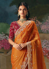 Orange Designer Silk Saree with Floral Embroidery Border