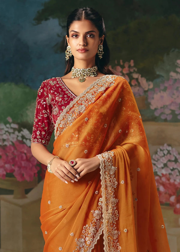 Orange Designer Silk Saree with Floral Embroidery Border