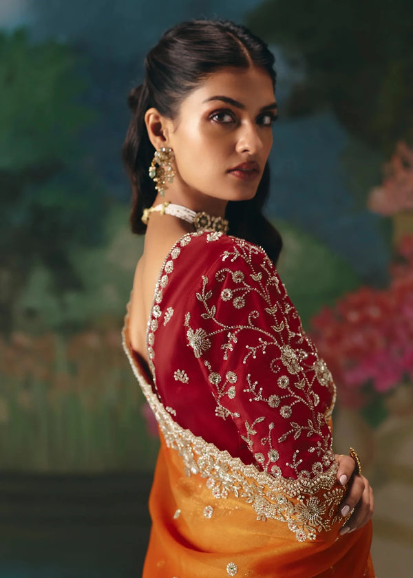 Orange Designer Silk Saree with Floral Embroidery Border