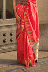 Orange Khadi South Silk Saree With Temple Border