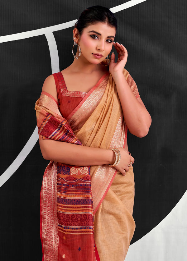 Apricot Orange Woven Designer Linen Cotton Saree