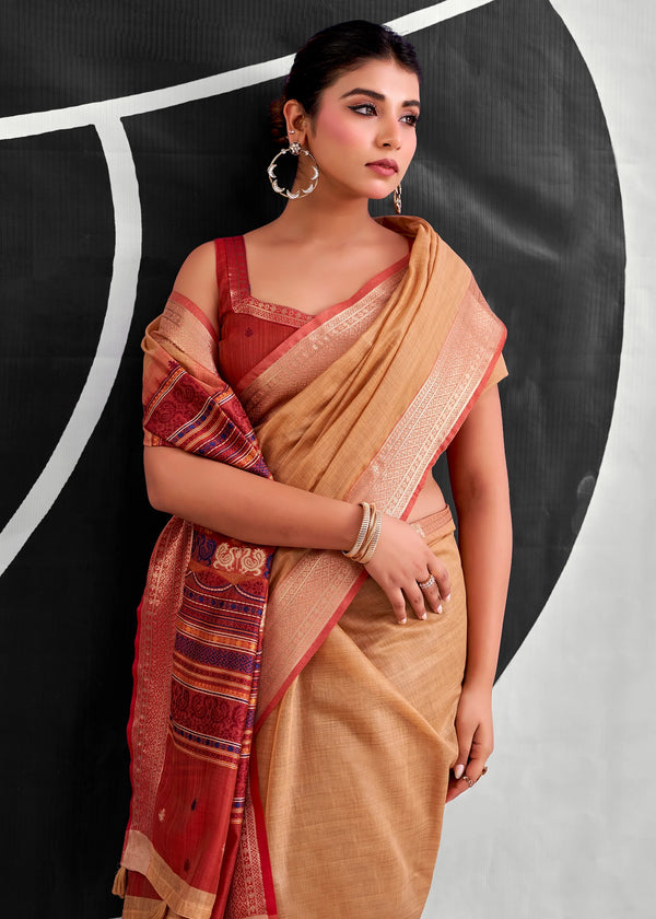 Apricot Orange Woven Designer Linen Cotton Saree