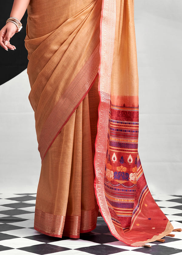 Apricot Orange Woven Designer Linen Cotton Saree