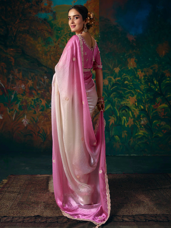 Orchid Pink Embroidered Designer Satin Silk Saree, back view