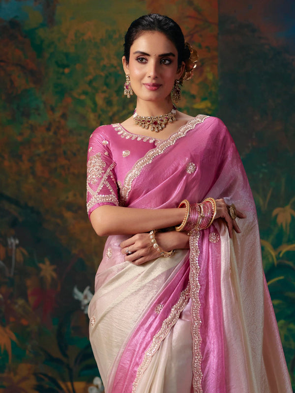 Orchid Pink Embroidered Designer Satin Silk Saree, pallu and blouse