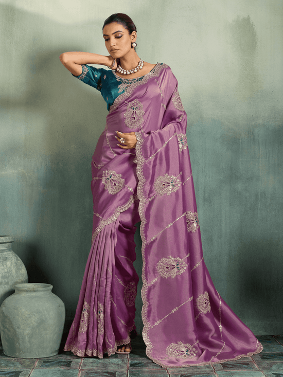 Orchid Purple Embroidered Designer Tissue Silk Saree With Contrast Blouse