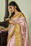 Pale Pink Banarasi Soft Silk Saree With Floral Prints