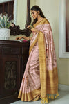 Pale Pink Banarasi Soft Silk Saree With Floral Prints