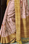 Pale Pink Banarasi Soft Silk Saree With Floral Prints