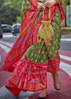 Parrot Green And Red Printed Patola Silk Saree