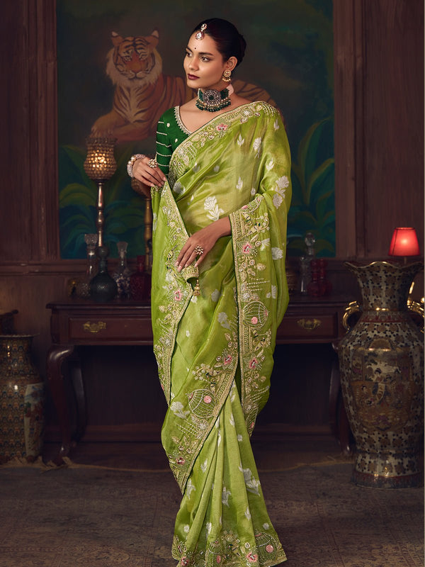 Parrot Green Designer Organza Silk Saree with Contrast Blouse