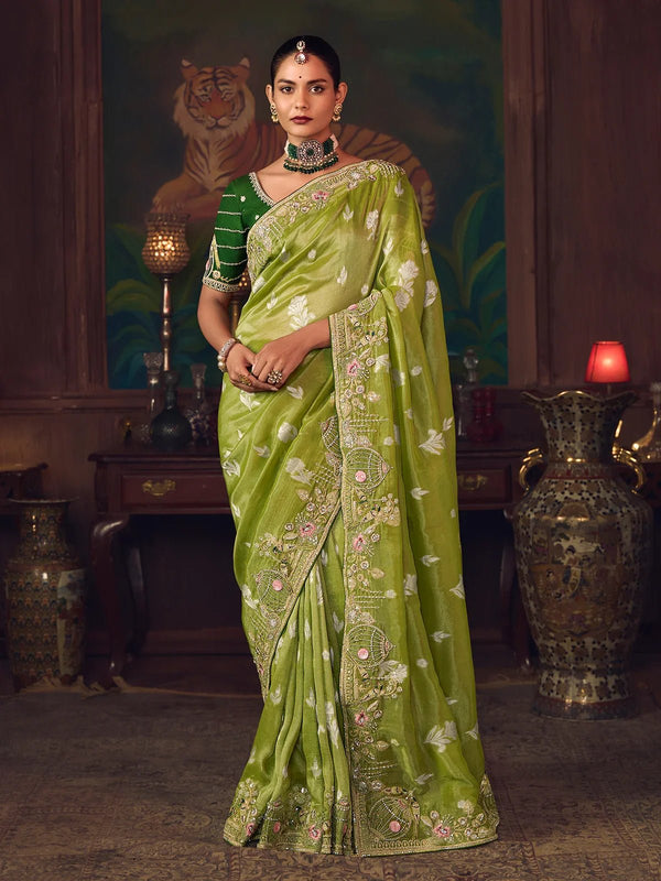 Parrot Green Designer Organza Silk Saree with Contrast Blouse