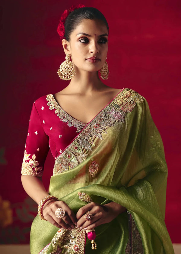Parrot Green Designer Silk Saree with Contrast Blouse