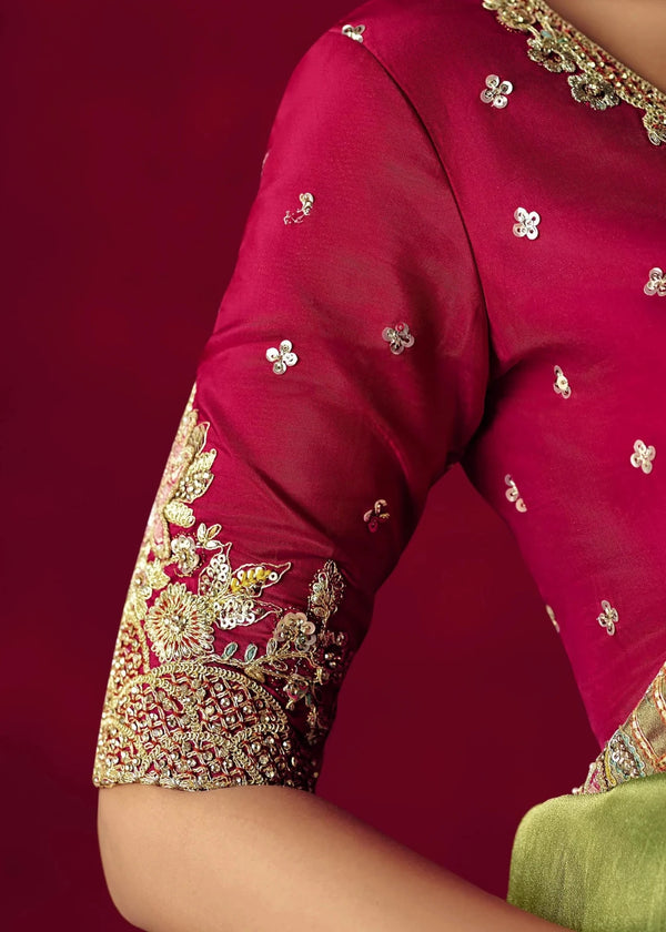 Parrot Green Designer Silk Saree with Contrast Blouse