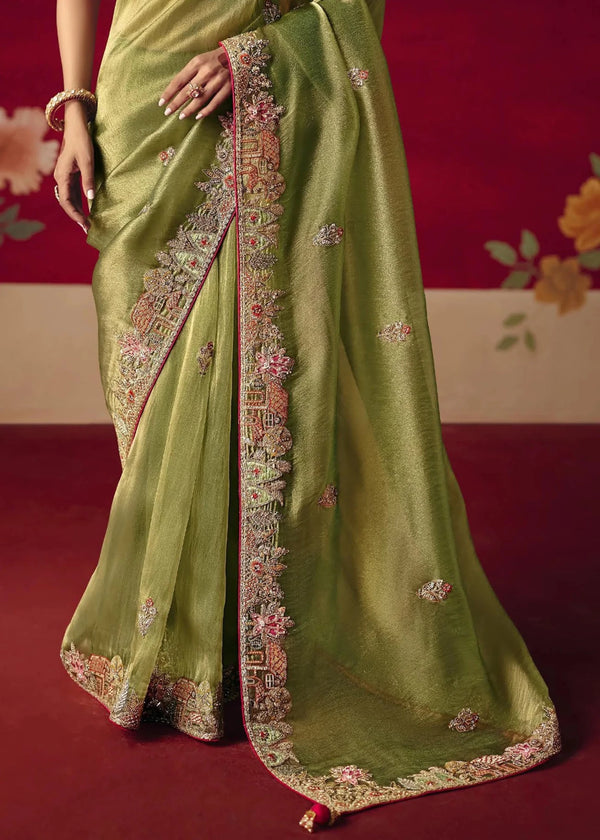 Parrot Green Designer Silk Saree with Contrast Blouse