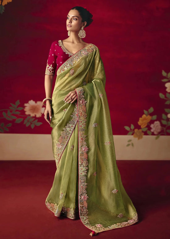 Parrot Green Designer Silk Saree with Contrast Blouse