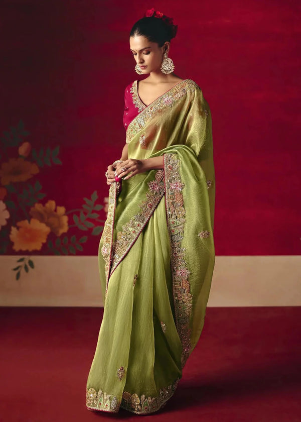 Parrot Green Designer Silk Saree with Contrast Blouse