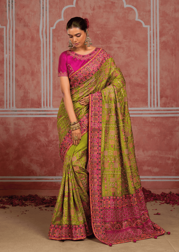 Parrot Green Embroidered Designer Satin Silk Saree