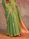 Parrot Green Kanjivaram Two Tone Silk Saree With Contrast Blouse