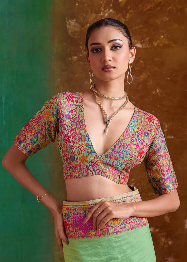 Parrot Green Kashmiri Kani Jamawar Cotton Saree