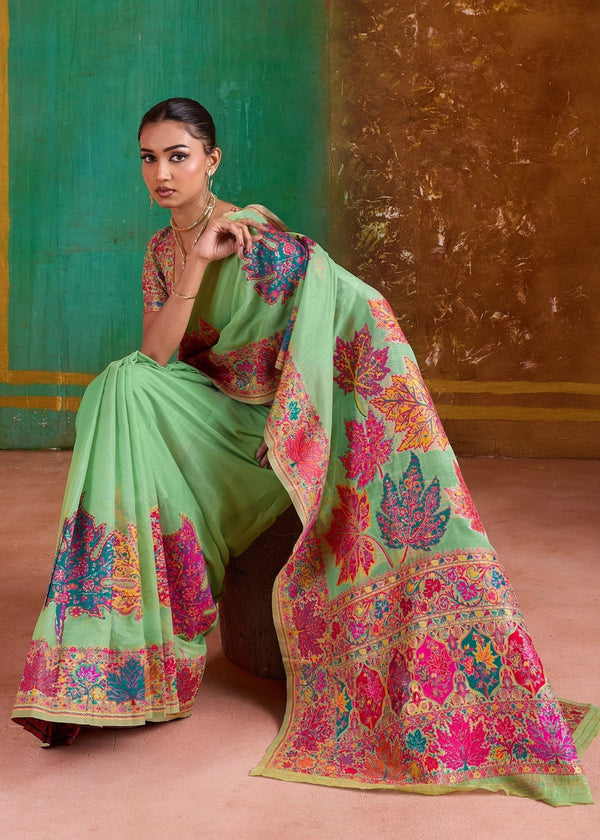 Parrot Green Kashmiri Kani Jamawar Cotton Saree