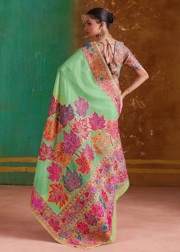Parrot Green Kashmiri Kani Jamawar Cotton Saree