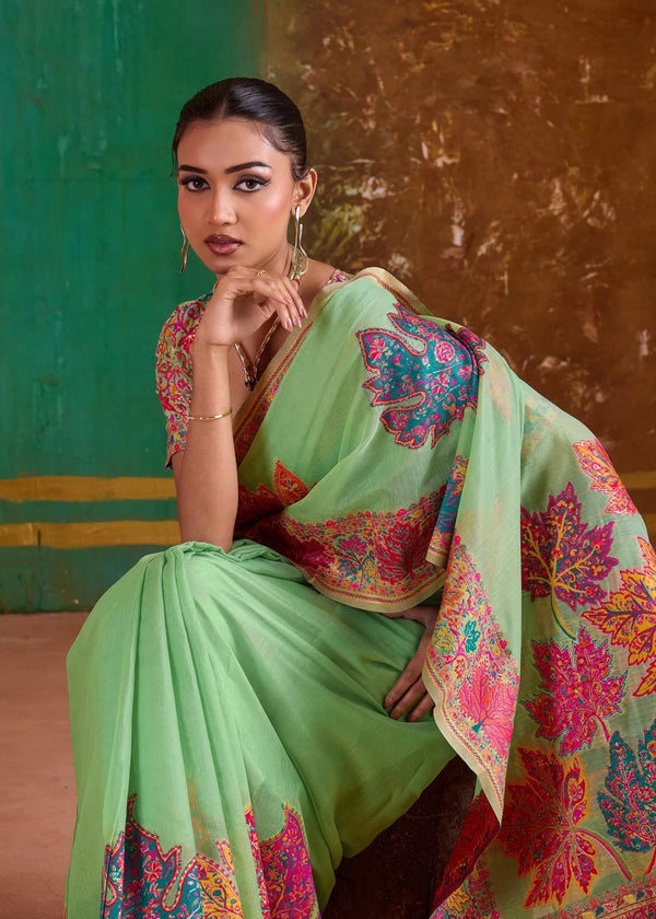 Parrot Green Kashmiri Kani Jamawar Cotton Saree