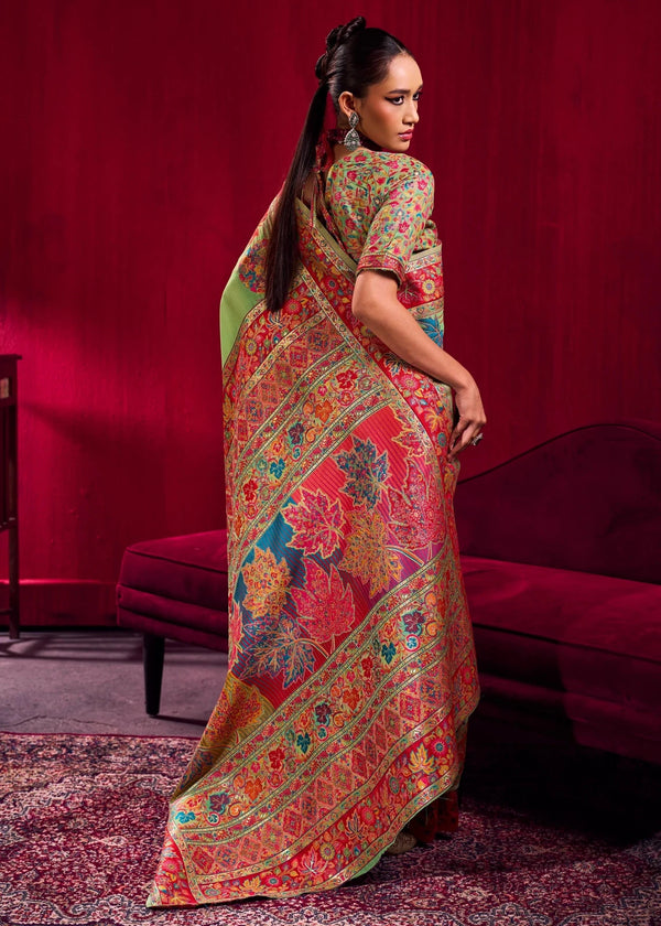 Parrot Green Kashmiri Pashmina Silk Saree