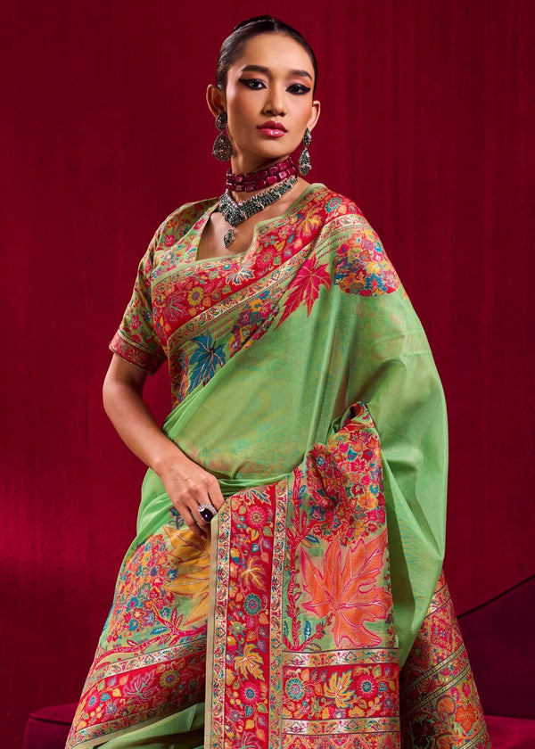 Parrot Green Kashmiri Pashmina Silk Saree
