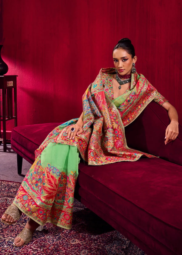 Parrot Green Kashmiri Pashmina Silk Saree