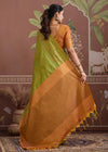 Parrot Green Tussar Silk Saree with Orange Contrast Blouse