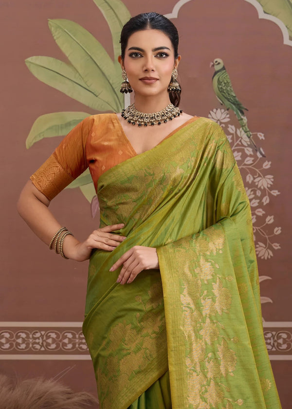 Parrot Green Tussar Silk Saree with Orange Contrast Blouse